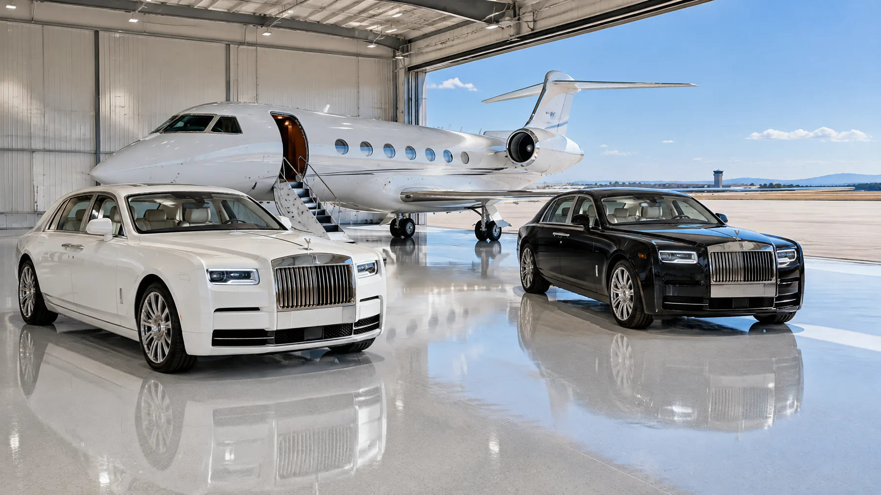 White private jet and two luxury Rolls-Royce cars inside a sunny private-airport warehouse with a polished white floor